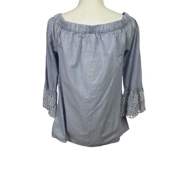 beachlunchlounge Women’s Top Sz Small Blue/White Stripe Boho Ruffle Sleeve - Picture 4 of 11